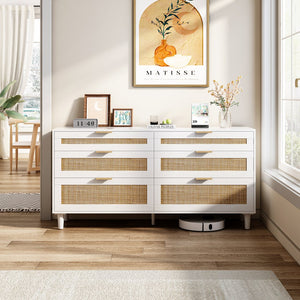 English Elm 59" Rattan Dresser with 6 Spacious Drawers, Stylish Woven Texture, Metal Handles & Wood Legs for Bedroom White W757P209514
