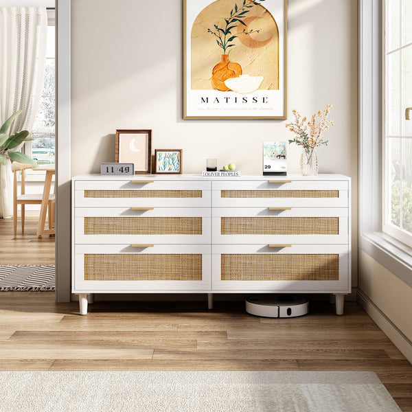 English Elm 59" Rattan Dresser with 6 Spacious Drawers, Stylish Woven Texture, Metal Handles & Wood Legs for Bedroom White W757P209514