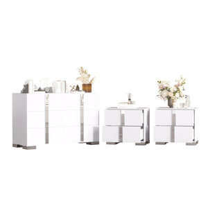 English Elm 3-Pieces Mirrored 6-Drawer Dresser and Two Nightstands with Sleek Metal Legs for Modern Living White 54.25 L x 20.75 W x 8.5 H N733S307938W