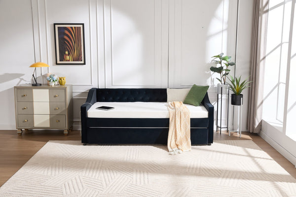 English Elm Twin Velvet Daybed with Pull Out Trundle Tufted Back Usb Port and Side Pockets Black W1361S00039