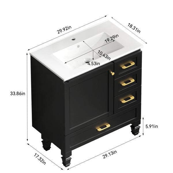 English Elm 30"black Matte Finish Bathroom Vanity with Soft Close Cabinet and Three Storage Drawers Black W3133S00018