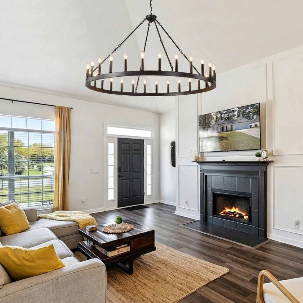 English Elm 53 Inch Iron Wagon Wheel Chandelier 18 Candle Lights Farmhouse Industrial Pendant W5008P393042