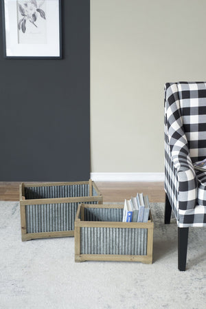 English Elm Set Rustic Rectangular Planter Boxes Set of 2 Farmhouse Galvanized Metal and Wood Box Frame Accents for Garden Brown,Silver W2078P323425