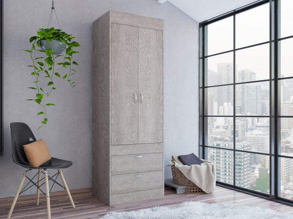 English Elm Armoire, Light Gray Double-Door Cabinet with Hanging Rod, Two Drawers, Compact FSC-Certified Storage B097P199731