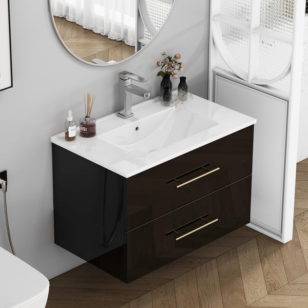 English Elm 30-Inch Sleek Black Gloss Wall-Mounted Bathroom Vanity With Integrated Sink & Easy Installation Options W3151S00054