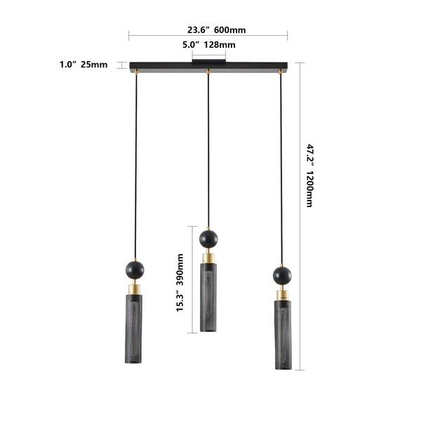 English Elm 25" Modern Black & Gold 3-Light Pendant Chandelier - Adjustable Cylindrical Mesh Shades, E26, Dining/Kitchen Lighting W1340P233174