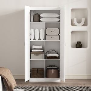 English Elm Cornelia White Storage Cabinet 71" Tall MDF with 7 Adjustable Shelves, Soft-Close Doors & Handles B365P397856