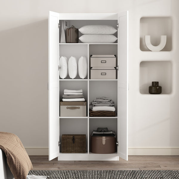 English Elm Cornelia White Storage Cabinet 71" Tall MDF with 7 Adjustable Shelves, Soft-Close Doors & Handles B365P397856