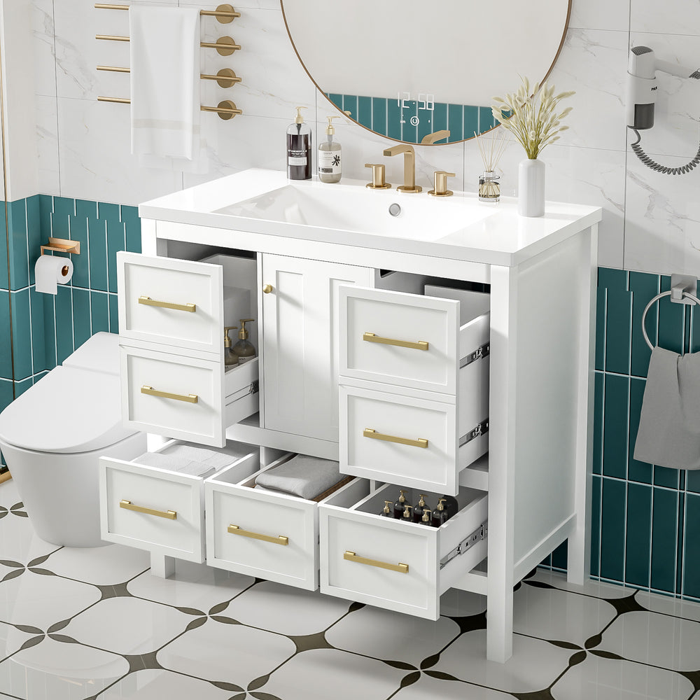 English Elm 36'' Bathroom Vanity with Resin Sink, Solid Wood Frame, 5 Drawers, Soft-Close Doors, Gold Knobs, Spacious Storage White SW000142AAK-1