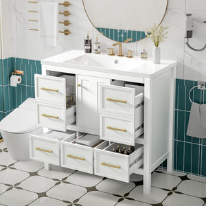 English Elm 36'' Bathroom Vanity with Resin Sink, Solid Wood Frame, 5 Drawers, Soft-Close Doors, Gold Knobs, Spacious Storage White SW000142AAK-1