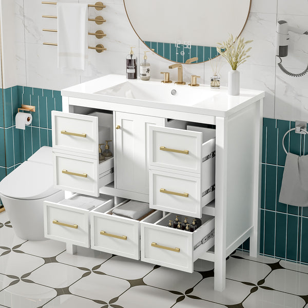 English Elm 36'' Bathroom Vanity with Resin Sink, Solid Wood Frame, 5 Drawers, Soft-Close Doors, Gold Knobs, Spacious Storage White SW000142AAK-1