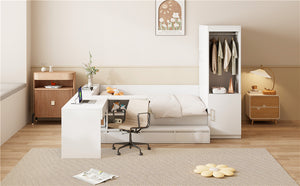 English Elm Full Size Wooden Platform Bed With Integrated Desk, 6 Drawers, Wardrobe & Modern Shelves, White Finish N820S00060K