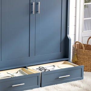 English Elm Queen Murphy Wall Bed with Side Cabinets Open Shelving and Drawers for Studio Rooms Blue W1580S00453