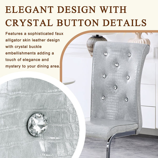 English Elm Set of 2 Glam Faux Alligator Pvc Dining Chairs with Crystal Buckle Bow Legs Gray W3875P371039