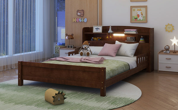 English Elm Full Pine Wood Bed with Bookcase Headboard, LED Motion Sensor, Guardrails & Ample Walnut Storage W504P281004
