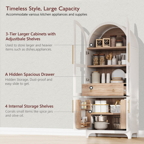 English Elm K&k Arched Farmhouse Pantry Cabinet Glass Doors Hidden Drawer Two Tone Kitchen Storage White N707S288969W