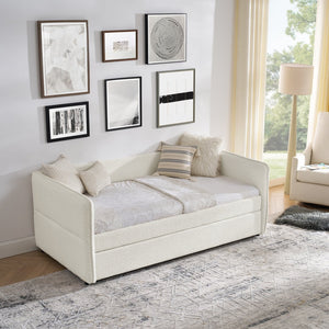 English Elm Daybed With Trundle - Elegant Tufted Sofa Bed In Soft Beige Boucle For Stylish Small Spaces & Guests W1413S00092