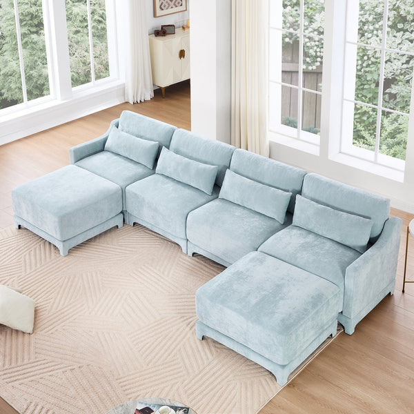 English Elm Four-Seater Sofa Set With Movable Ottoman & Lumbar Pillow - Elegant Sky Blue Chenille Comfort! W714S01212