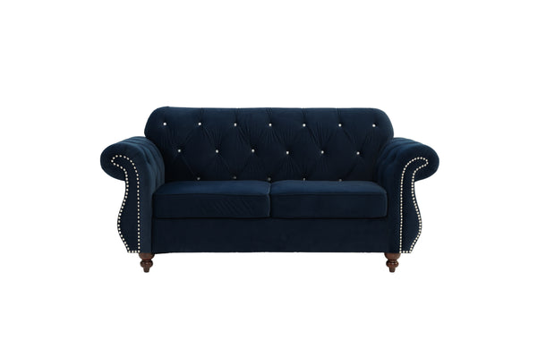 English Elm Formal Crystal-Tufted Velvet Loveseat with Rolled Arms and Silver Nailhead Trim for Elegant Living Rooms Indigo 59 L x 32 W x 19 H B011S01695