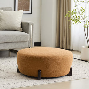 English Elm Christopher Knight Home® - Modish Round Ottoman with Plush Bouclé Top and Splayed Rubberwood Legs for Cozy Modern Living Room Natural Wood,Pumpkin Orange N769P346256O