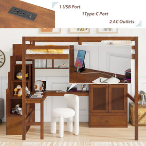 English Elm Twin Over Full Bunk Bed Solid Pine Frame with Built-in Slide and Storage Staircase Walnut W504S00286