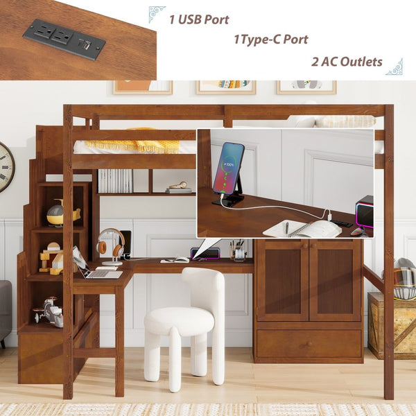 English Elm Twin Over Full Bunk Bed Solid Pine Frame with Built-in Slide and Storage Staircase Walnut W504S00286