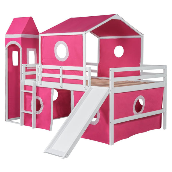 English Elm Full Size Kids Castle Loft Bed with Slide Tent and Tower Pinewood Play Structure LT000771AAH-1