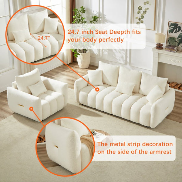 English Elm [video] Mh Plush Teddy Velvet 3-seat Sofa Solid Wood Frame High-resilience Foam Living Room Beige W1193S00177