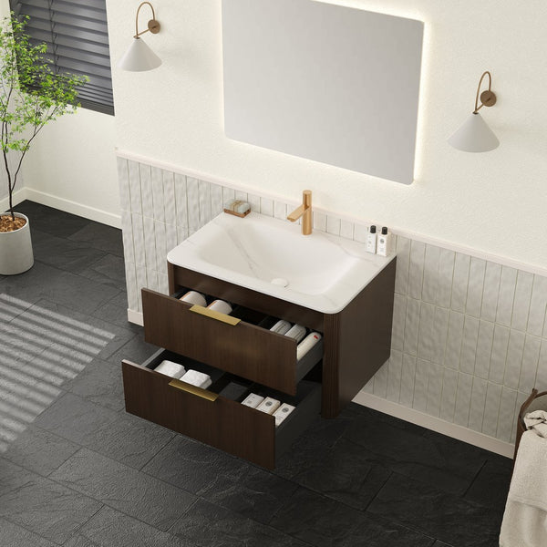 English Elm ZANE Floating Bathroom Vanity 33" with Hot-Press Sintered Stone Basin, Ultra-Slim Plywood Drawers, Walnut W2615P364801