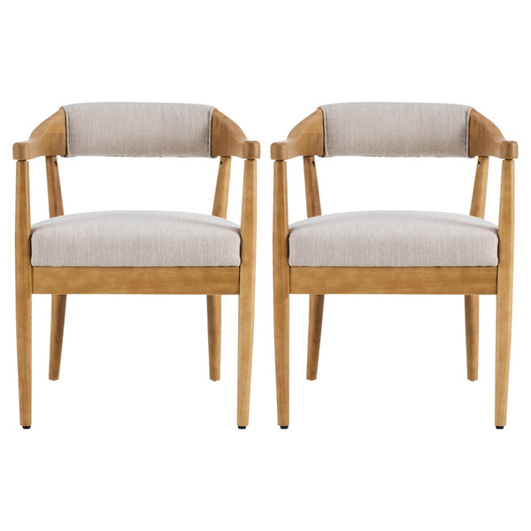 English Elm Wood Frame Upholstered Arm Dining Chairs Rubberwood Legs Beige Set of 2 N768P389408N
