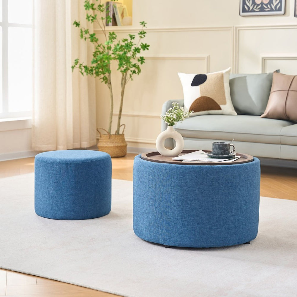English Elm Ball Cast Round Nesting Ottoman Set Linen Upholstered Hidden Storage with Wooden Tray Blue W3163P379374