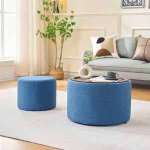 English Elm Ball Cast Round Nesting Ottoman Set Linen Upholstered Hidden Storage with Wooden Tray Blue W3163P379374