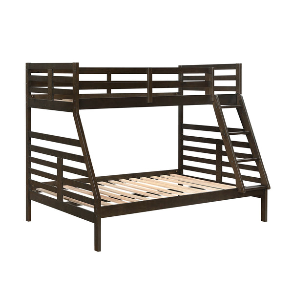 English Elm Twin Twin-over-Twin Bunk Bed with Guard Rails and Integrated Ladder, Oak-Veneer Durable Frame, Space-Saving Design Dark Brown 58.5 L x 34.5 W x 7 H B011S01852