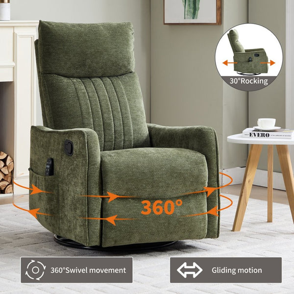 English Elm Beige Fabric Swivel Rocker Recliner with Massage Nodes and Lumbar Heat for Living Room Antique Green W1803P363423