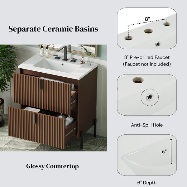 English Elm Christopher Knight Home® - 30" Elegant Freestanding Bathroom Vanity With Glossy Ceramic Sink, Soft-Close Drawers & Fluted Design N817P288931D