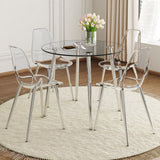 English Elm A Modern Minimalist Style Round Transparent Tempered Glass Table, Silver Metal Legs, Paired With 4 Modern Style Transparent Dining Chairs,Bringing A Luxurious Experience.