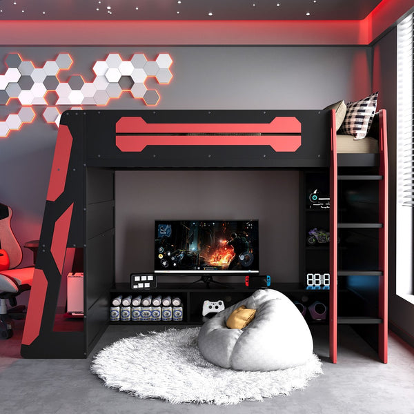 English Elm Twin Gaming Loft Bed with Desk Rgb Lighting and Multi-tier Shelves for Teen Rooms Red LT000160AAR
