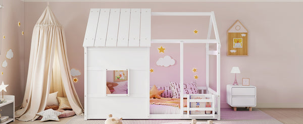 English Elm Twin House Frame Floor Bed Pinewood Build with Led Roofline Kids Bedroom White W697P435880