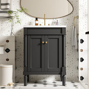 English Elm 24'' Modern Bathroom Vanity with Ceramic Basin, Solid Wood Frame, Soft-Close Doors, Ample Storage Black N710P190503B