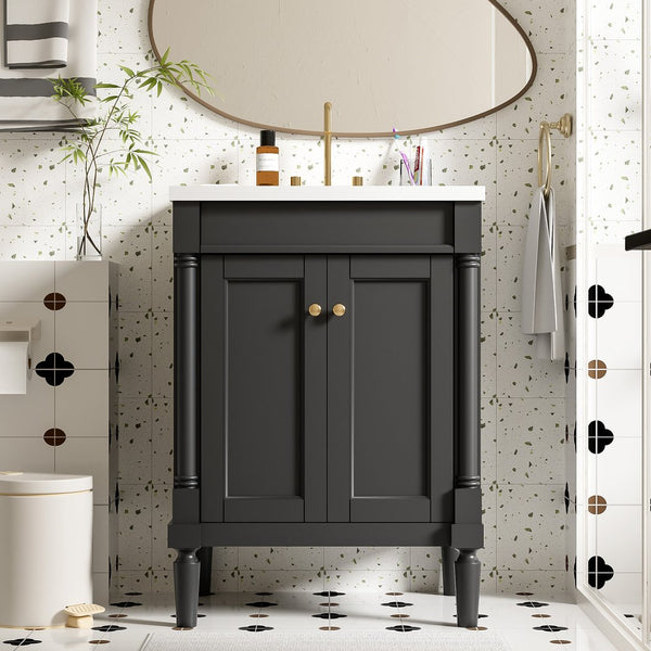 English Elm 24'' Modern Bathroom Vanity with Ceramic Basin, Solid Wood Frame, Soft-Close Doors, Ample Storage Black N710P190503B
