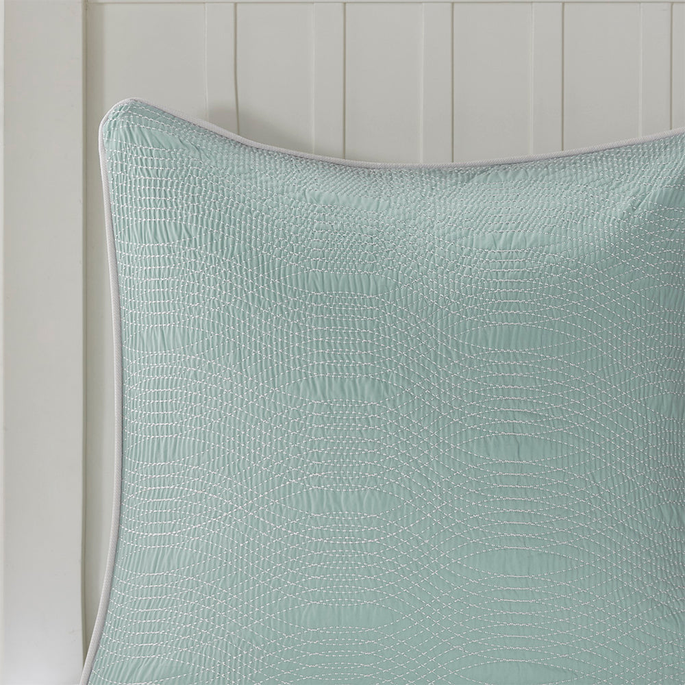 JLA Home Harbor House Blue - Euro Sham Coastal Cotton Pique with Embroidered Coral Motif, Wavy Stitch Texture, 26x26 Inch Cover HH11-399