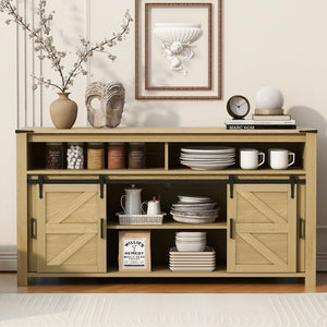 English Elm U_STYLE Farmhouse 59.3" Sideboard with Sliding Barn Doors, Mesh Panels, Open Shelves & Sturdy Top Natural N711P347388O