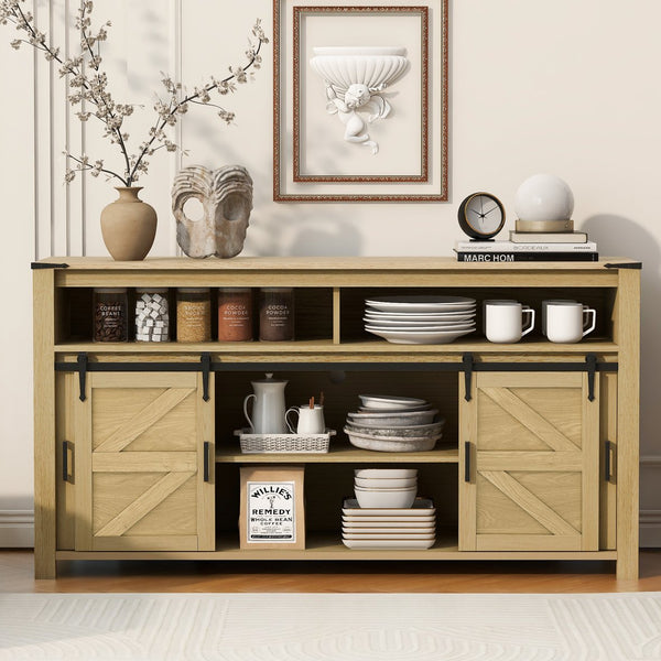 English Elm U_STYLE Farmhouse 59.3" Sideboard with Sliding Barn Doors, Mesh Panels, Open Shelves & Sturdy Top Natural N711P347388O