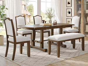 English Elm 6-piece Extendable Wood Dining Set with Linen Upholstered Chairs Bench Seats Eight Beige+Brown N752S000097D