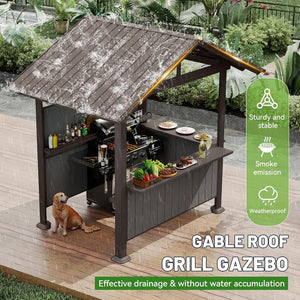 English Elm 9.4x6.2 Ft Hardtop Grill Gazebo Galvanized Steel Gable Roof with Shelves Patio Backyard Brown W1859S00209