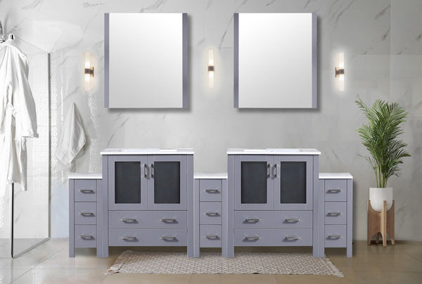 English Elm Dark Grey Double Bath Vanity 96" With White Ceramic Top, Side Cabinets, & 28" Mirrors For Storage B2731S00607