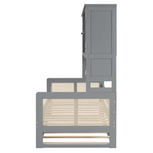 English Elm Twin Size Wooden Daybed With Trundle, Integrated Storage Cabinet & Shelves In Elegant Gray Finish N820S00048E-GIGA