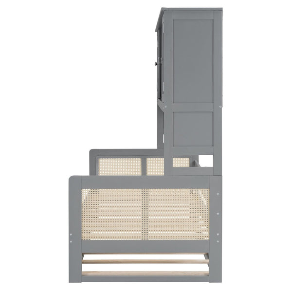 English Elm Twin Size Wooden Daybed With Trundle, Integrated Storage Cabinet & Shelves In Elegant Gray Finish N820S00048E-GIGA