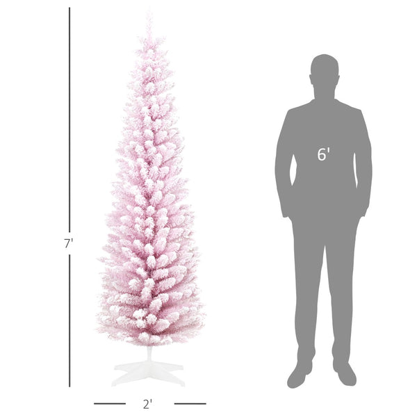 English Elm Snow Flocked Pink Pencil Christmas Tree Slim Artificial 7 Ft Indoor Holiday Accent T3971P420013