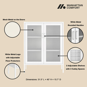 English Elm Amelia Metal Accent Cabinet 32" — Steel Mesh Doors, Adjustable Shelves, Minimalist Legs for Modern Storage Solutions White B365P397882